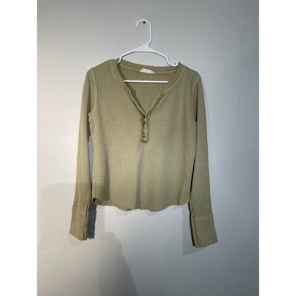 Lucky Brand Green Waffle Knit Raw Edge Henley Top - Picture 1 of 10